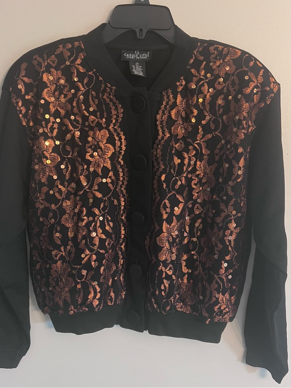 Carole Little Black Bomber Jacket with Copper Sequin Floral Embroidery